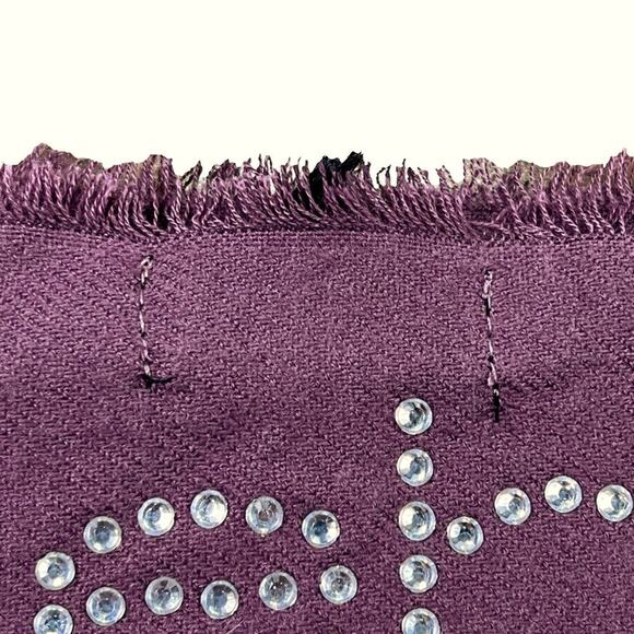 Bebe Cozy Soft Raw Edge Rhinestone Crystal Logo Scarf 68X20 Maroon Purple 68X20 - Picture 7 of 14
